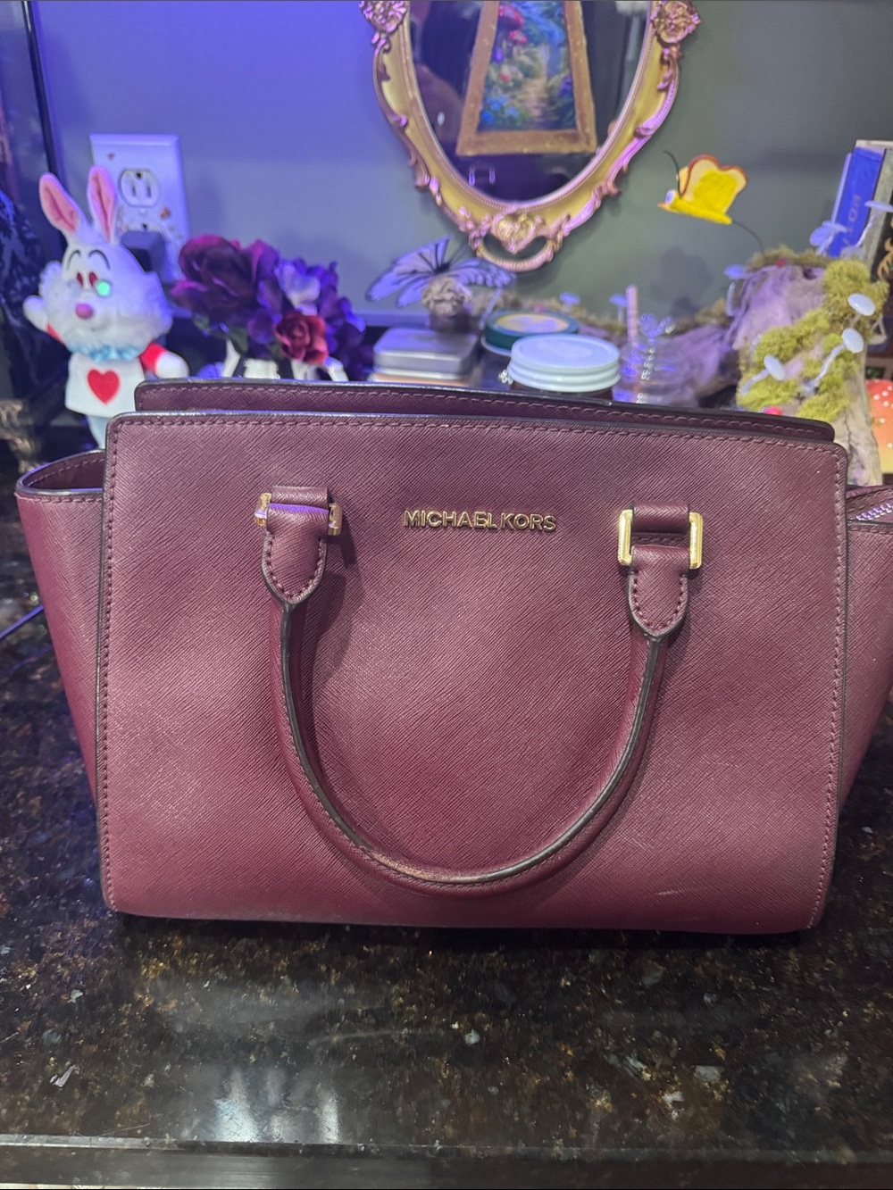 Michael Kors Burgundy Saffiano Leather Satchel with Gold Hardware